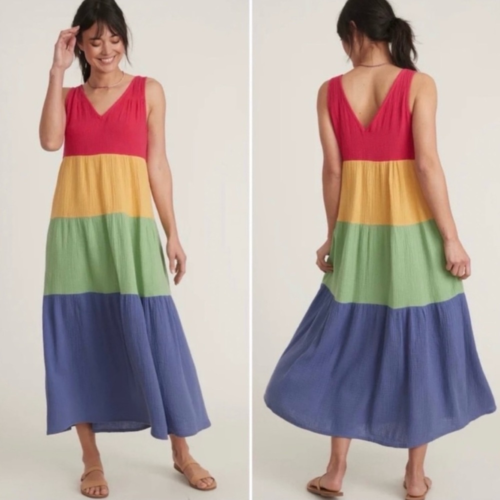 Marine Layer Corrine Rainbow Color block Tiered Maxi Dress M cotton gauzy XS
